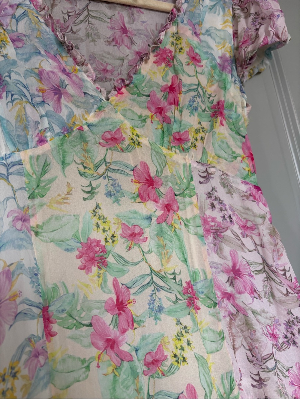 LOVESHACKFANCY Russ Silk Floral Print Mini Dress. Pink, Blue and Yellow print. - Picture 15 of 16